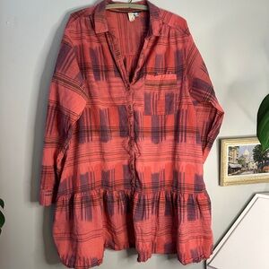 Anthropologie Red and Pink Plaid Button-Down tunic